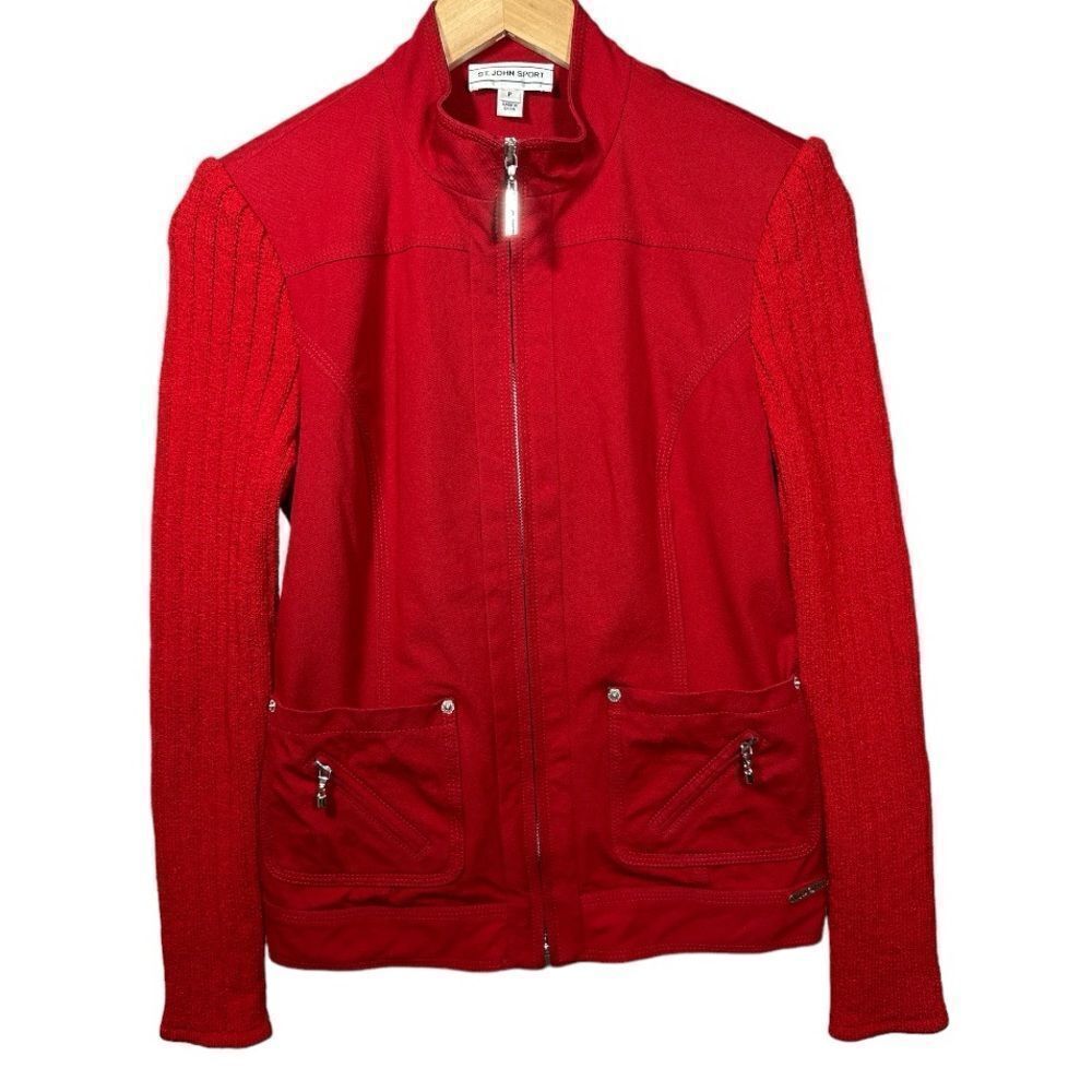 ST. JOHN SPORT Women's Ribbed Cotton Knit Zipper Sweater Jacket Red Size Petite
